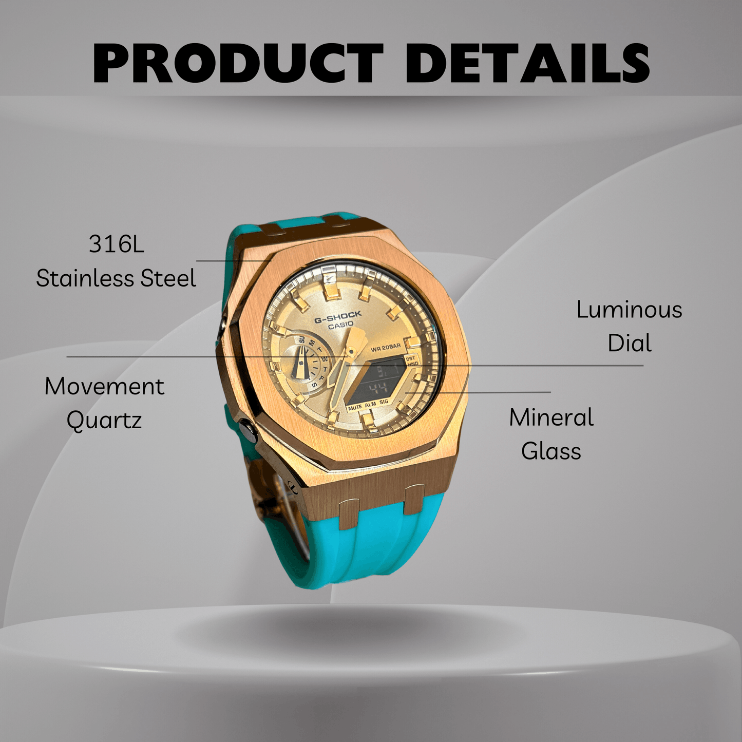 Casio G-Shock Mod Watch - Rose Gold Turquoise - GA-2100 Custom Casioak