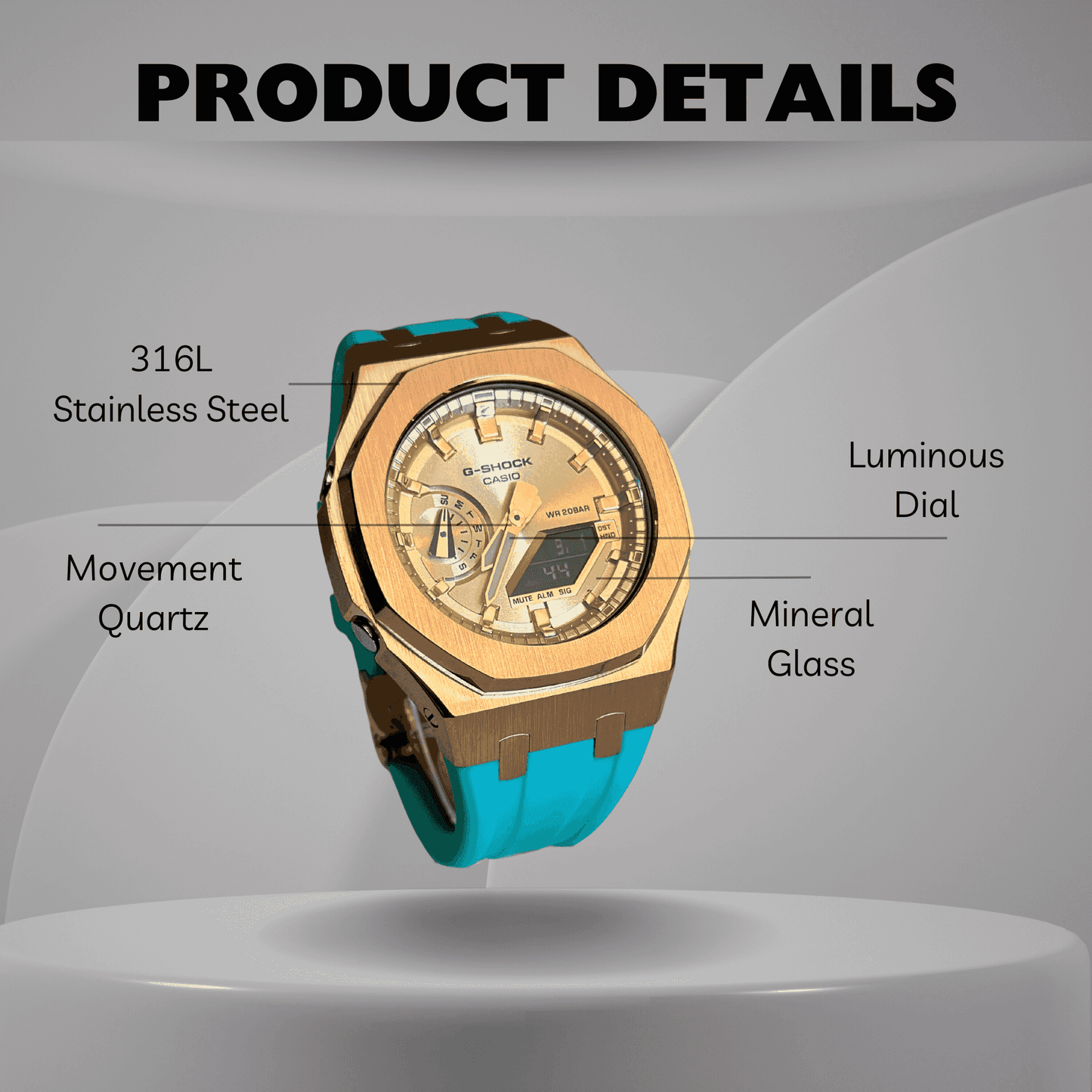 Casio G-Shock Mod Watch - Rose Gold Turquoise - GA-2100 Custom Casioak