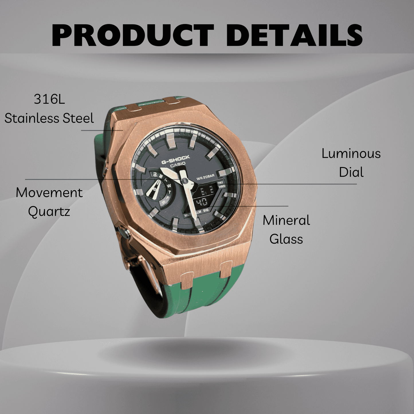 Casio G-Shock Mod Watch - Green Rose Gold - GA-2100 Custom Casioak