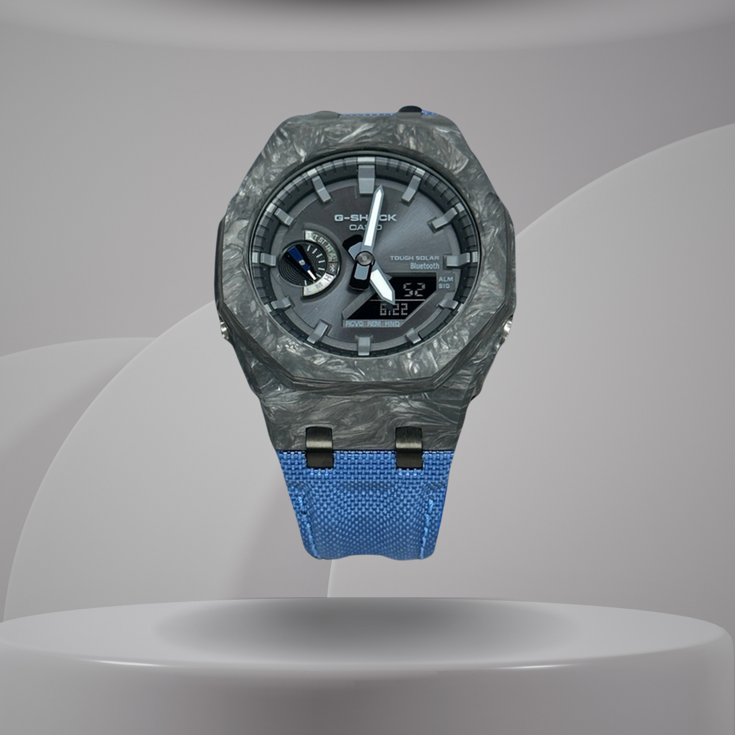 Montre CasiOak Custom – Blue Bluetooth Carbon Fiber - Nylon Canvas Velcro Strap - Mod G-Shock GAB2100