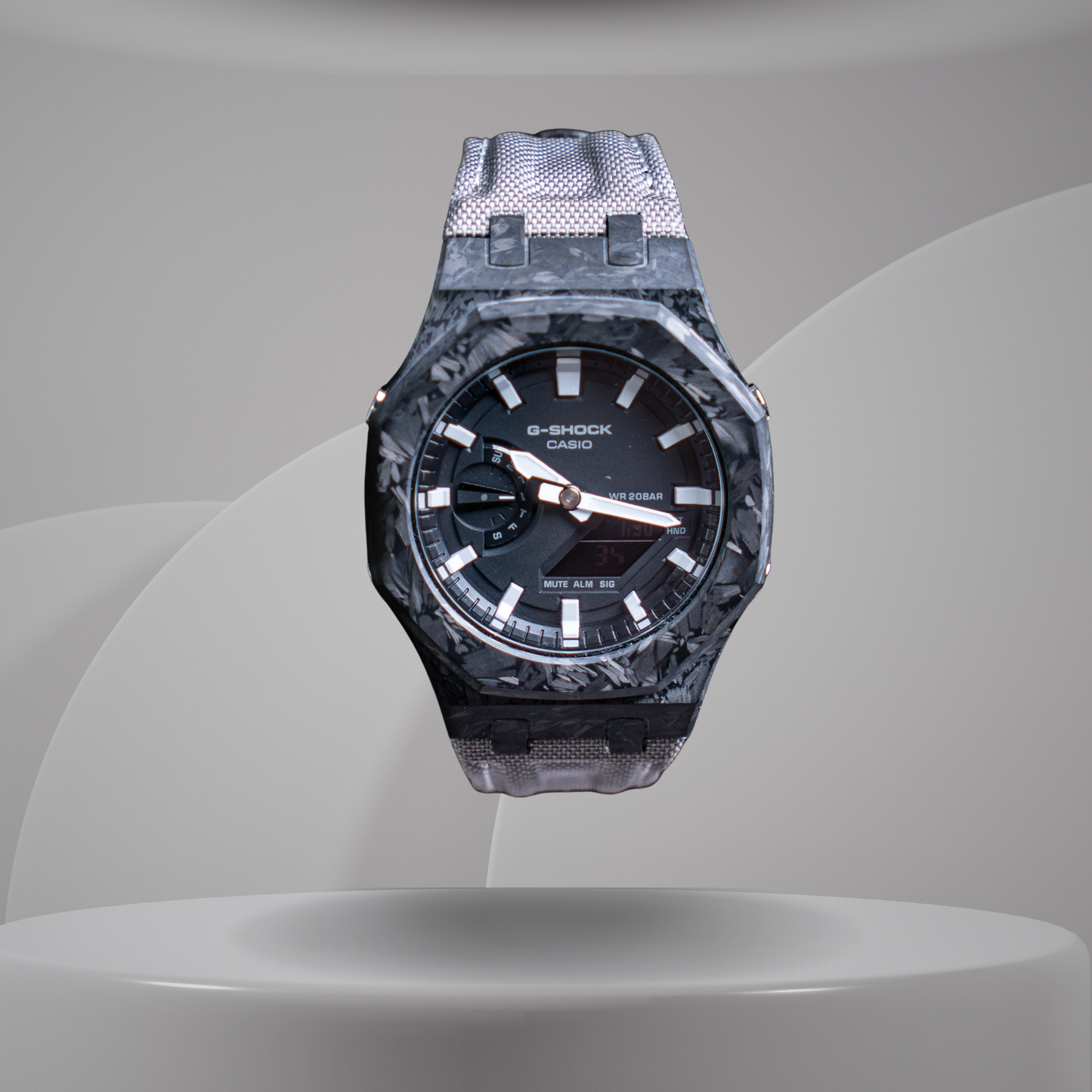 Montre CasiOak Custom – Silver White Carbon Fiber - Nylon Canvas Velcro Strap - Mod G-Shock GA2100