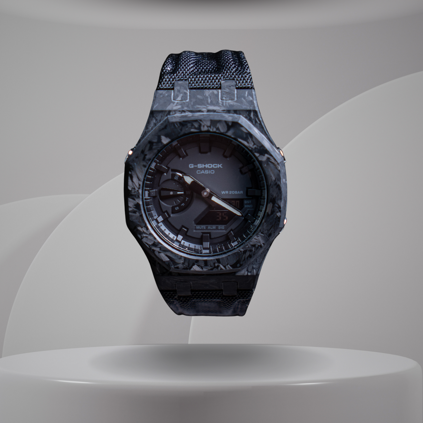 Montre CasiOak Custom – Full Black Carbon Fiber - Nylon Canvas Velcro Strap - Mod G-Shock GA2100