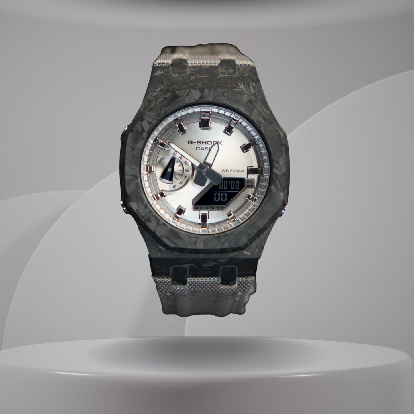Montre CasiOak Custom – Full Silver Carbon Fiber - Nylon Canvas Velcro Strap - Mod G-Shock GA2100
