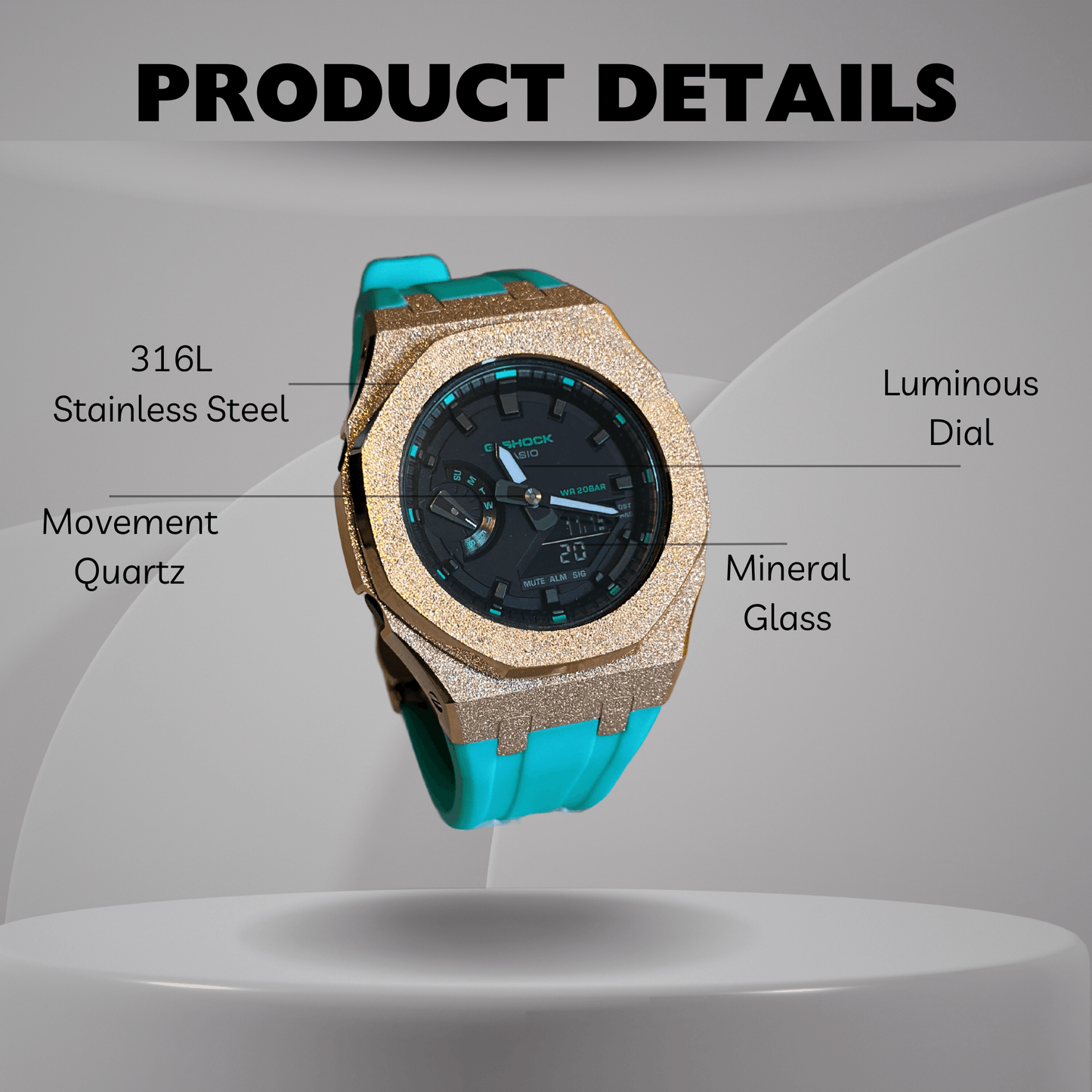 Casio G-Shock Mod Watch - Rose Gold Blue Frosted - GA-2100 Custom Casioak