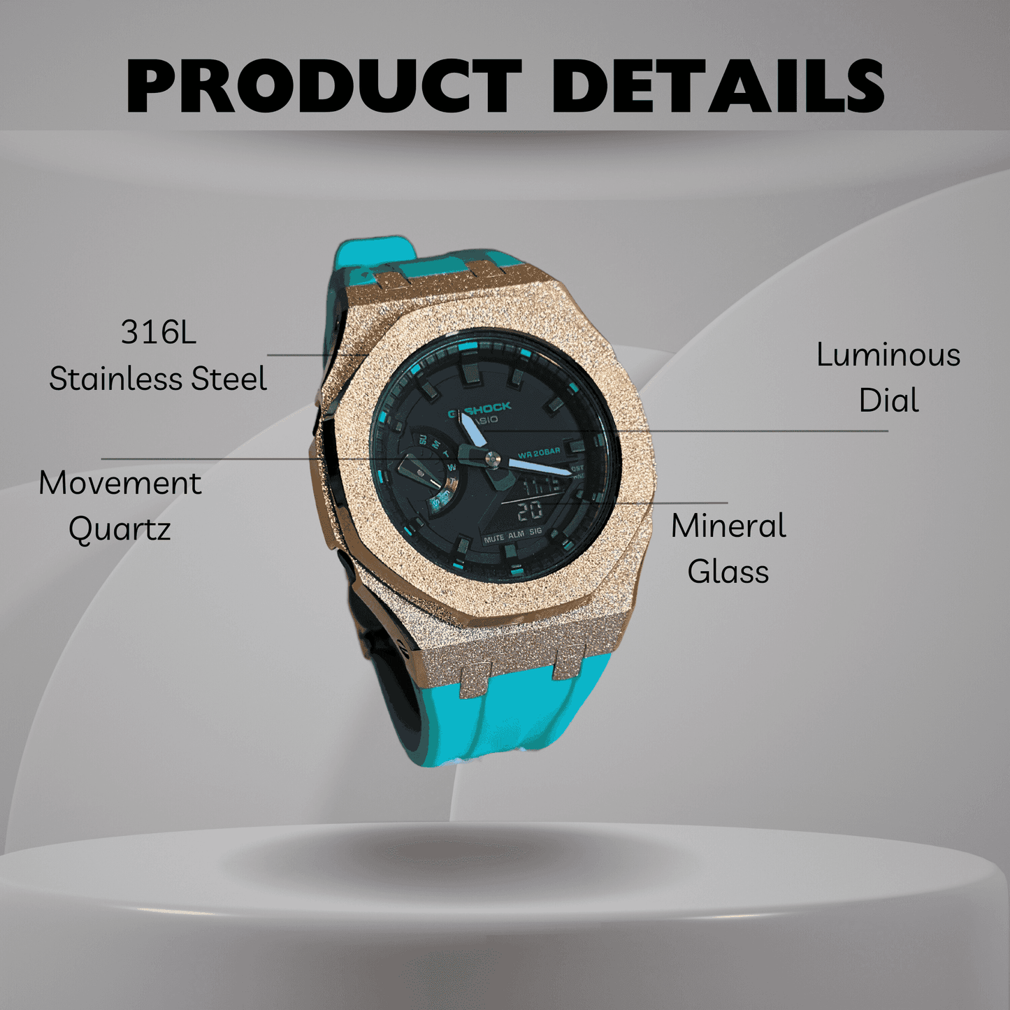 Casio G-Shock Mod Watch - Rose Gold Blue Frosted - GMA-S2100 Custom Casioak