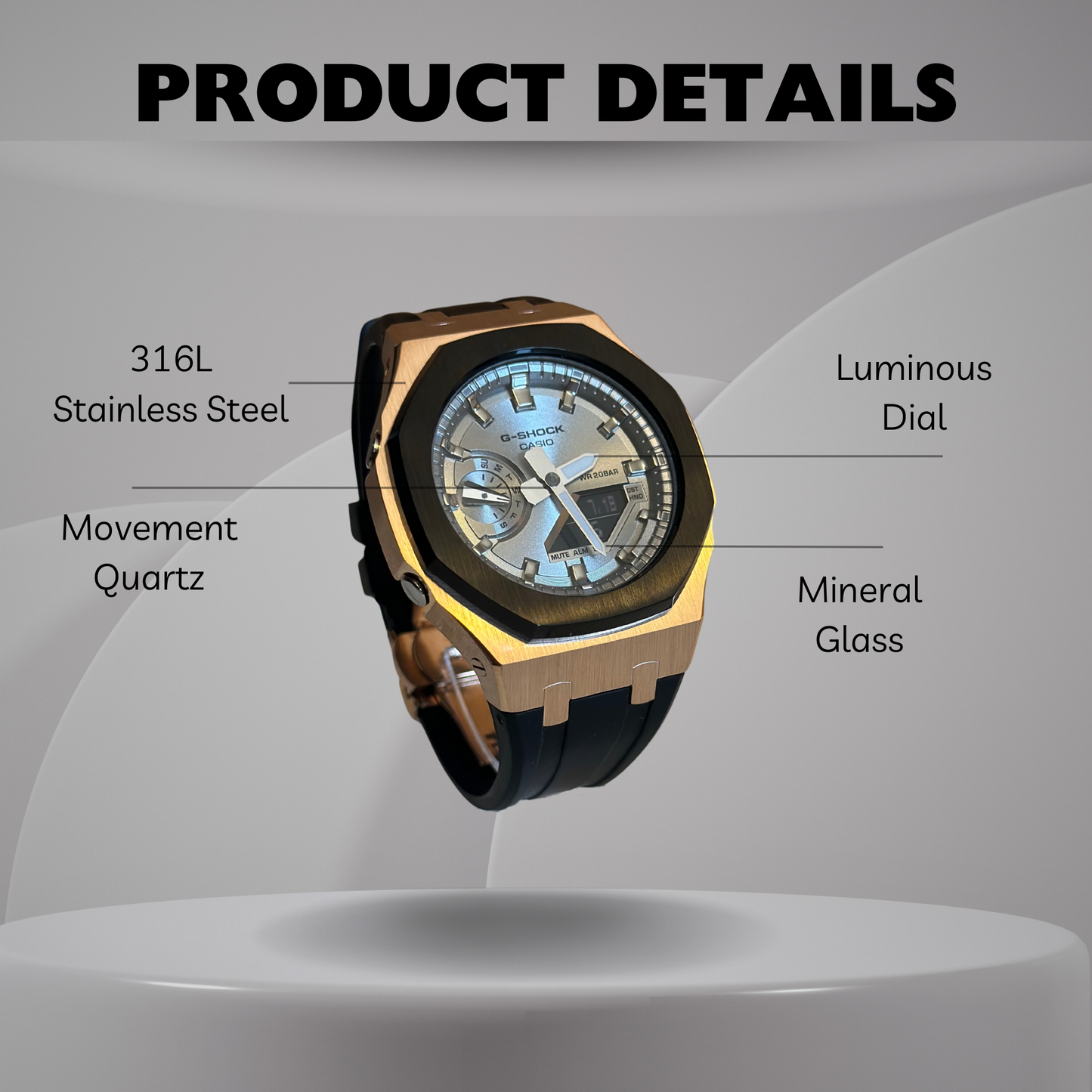 Casio G-Shock Mod Watch - Black Grey Rose Gold - GA-2100 Custom Casioak