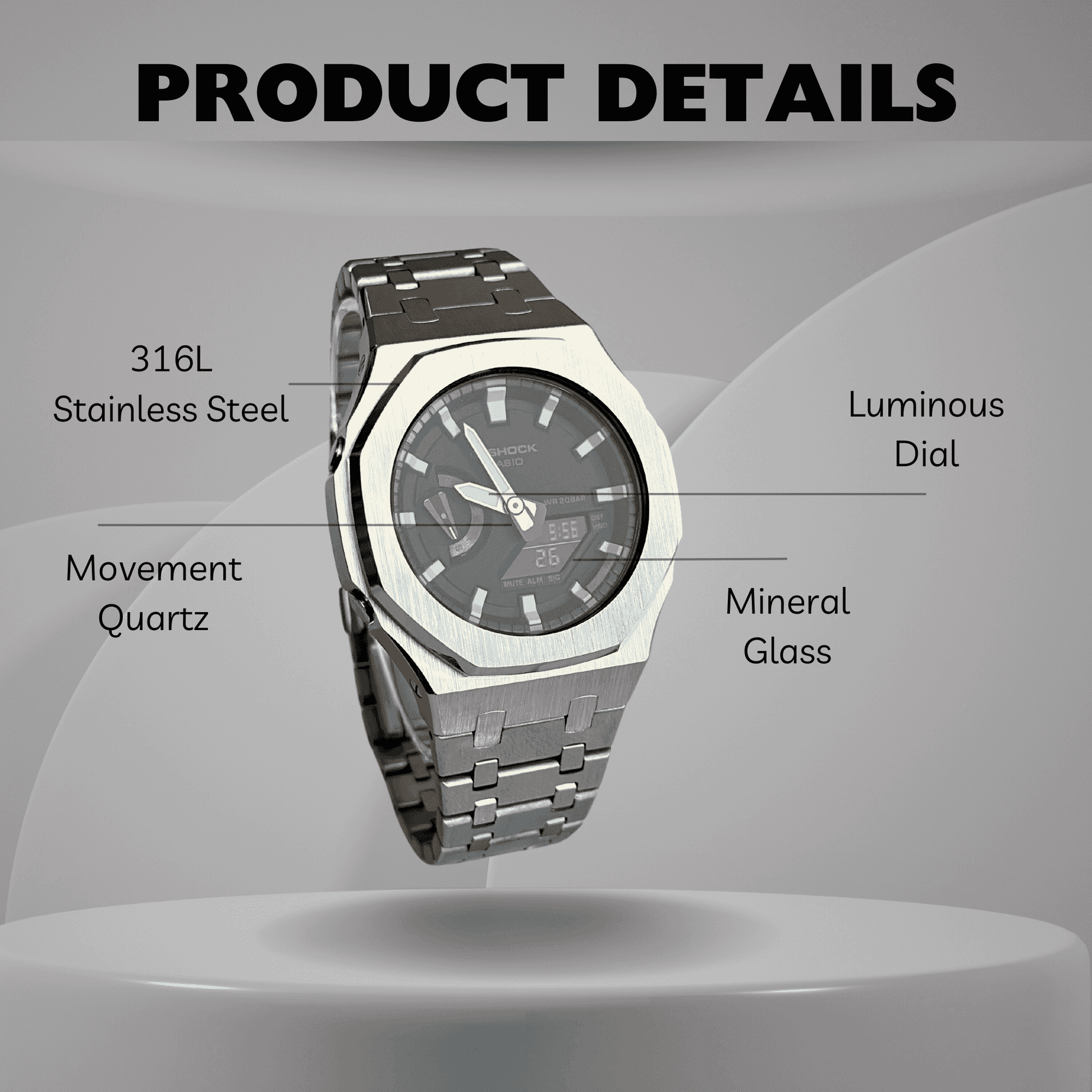 Casio G-Shock Mod Watch - Silver White - GA-2100 Custom Casioak