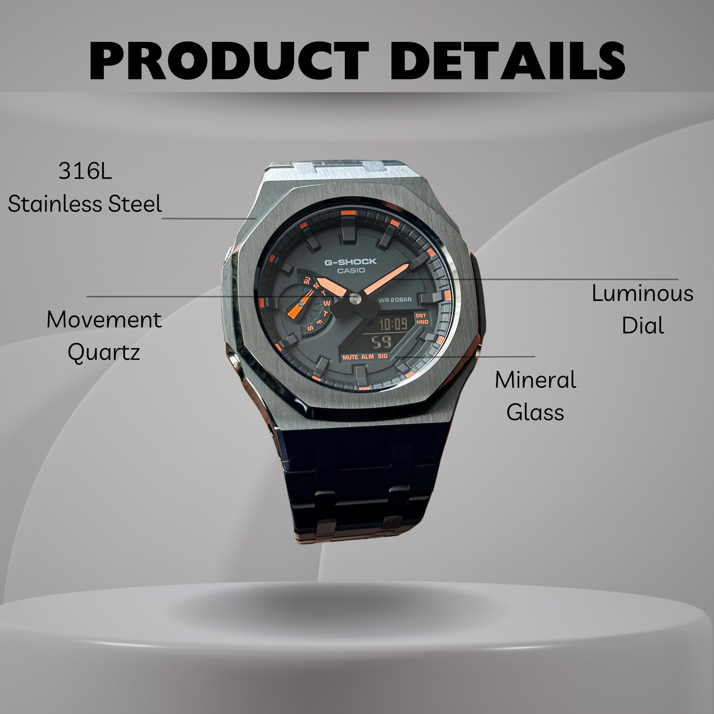 Montre CasiOak Custom – Black Orange Steel - Mod G-Shock GA2100