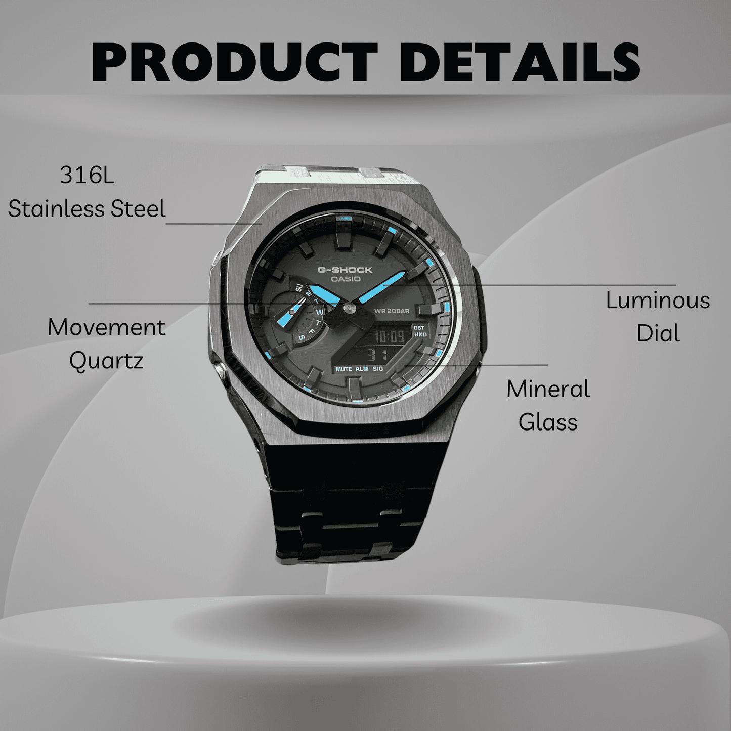 Montre CasiOak Custom – Black Blue Steel - Mod G-Shock GA2100
