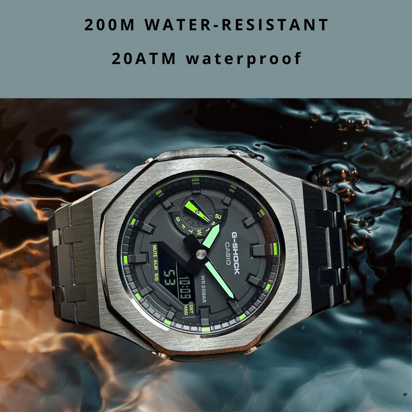 Montre CasiOak Custom – Black Green Steel - Mod G-Shock GA2100