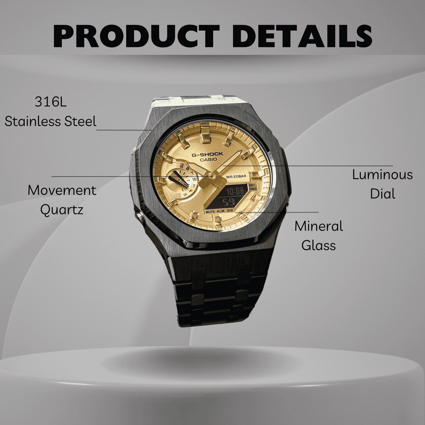 Montre CasiOak Custom – Black Gold Steel - Mod G-Shock GA2100