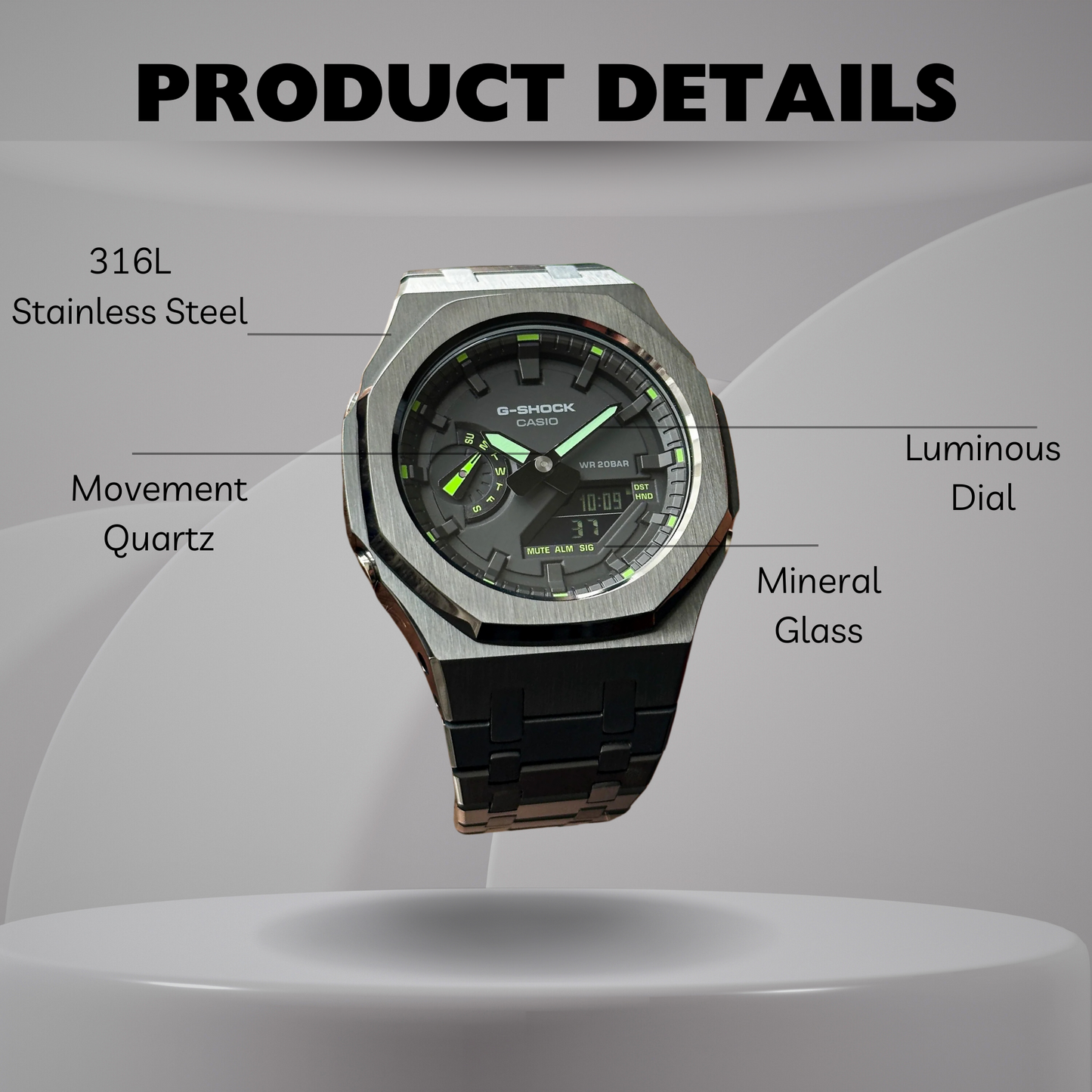 Montre CasiOak Custom – Black Green Steel - Mod G-Shock GA2100