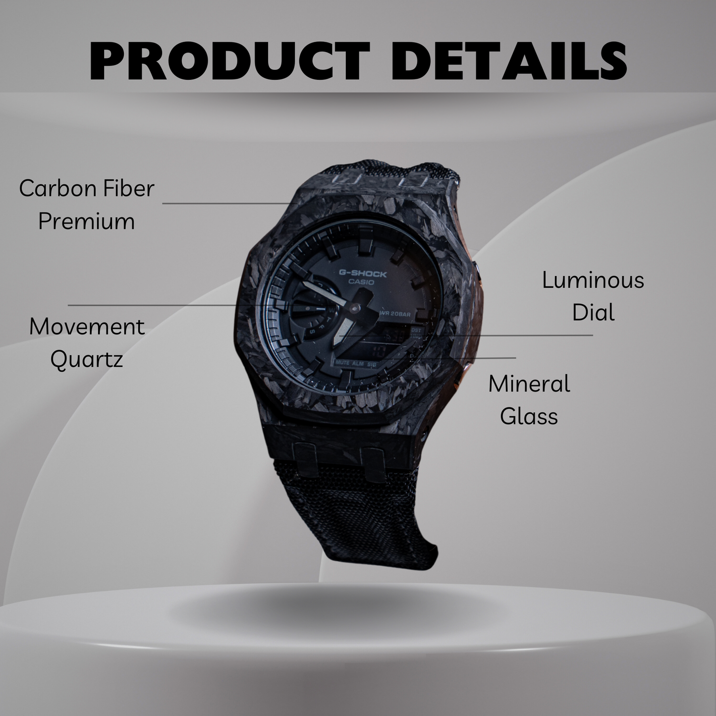 Montre CasiOak Custom – Full Black Carbon Fiber - Nylon Canvas Velcro Strap - Mod G-Shock GA2100