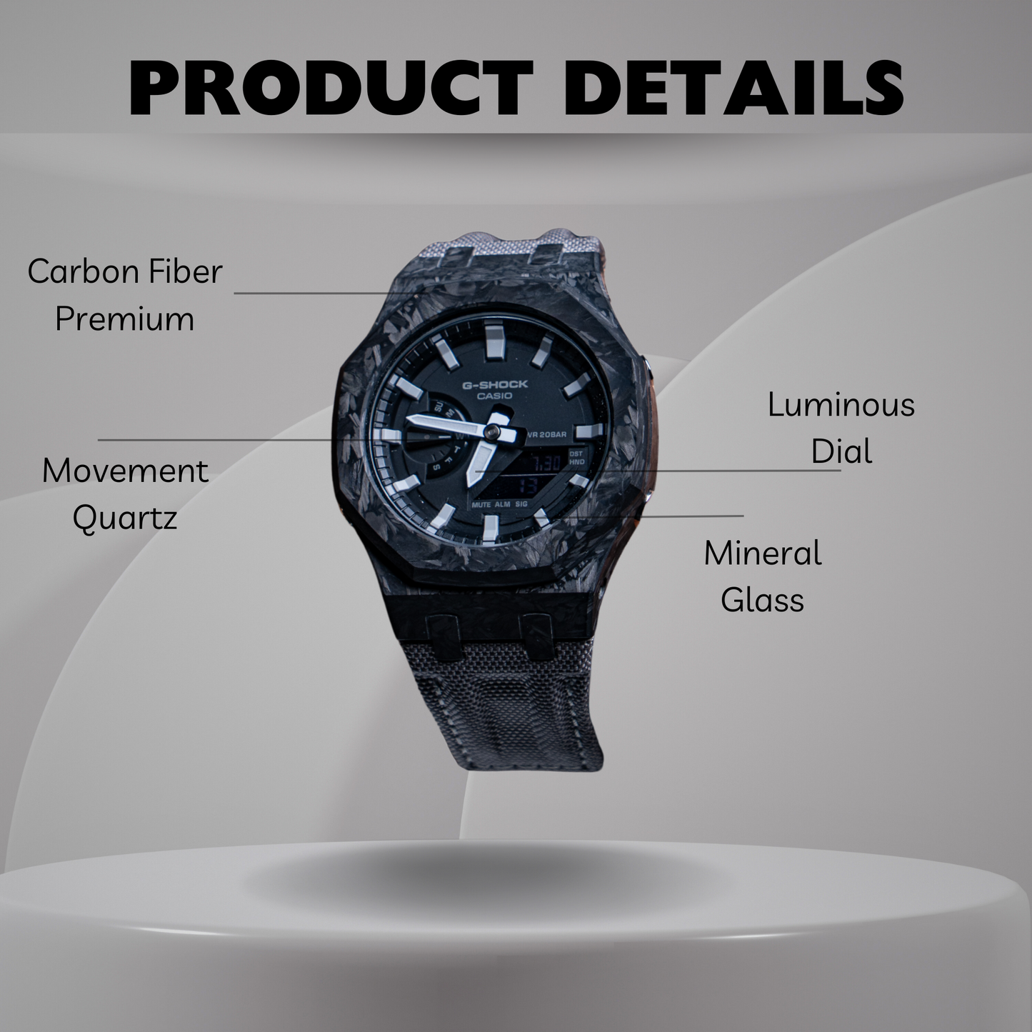 Montre CasiOak Custom – Silver White Carbon Fiber - Nylon Canvas Velcro Strap - Mod G-Shock GA2100