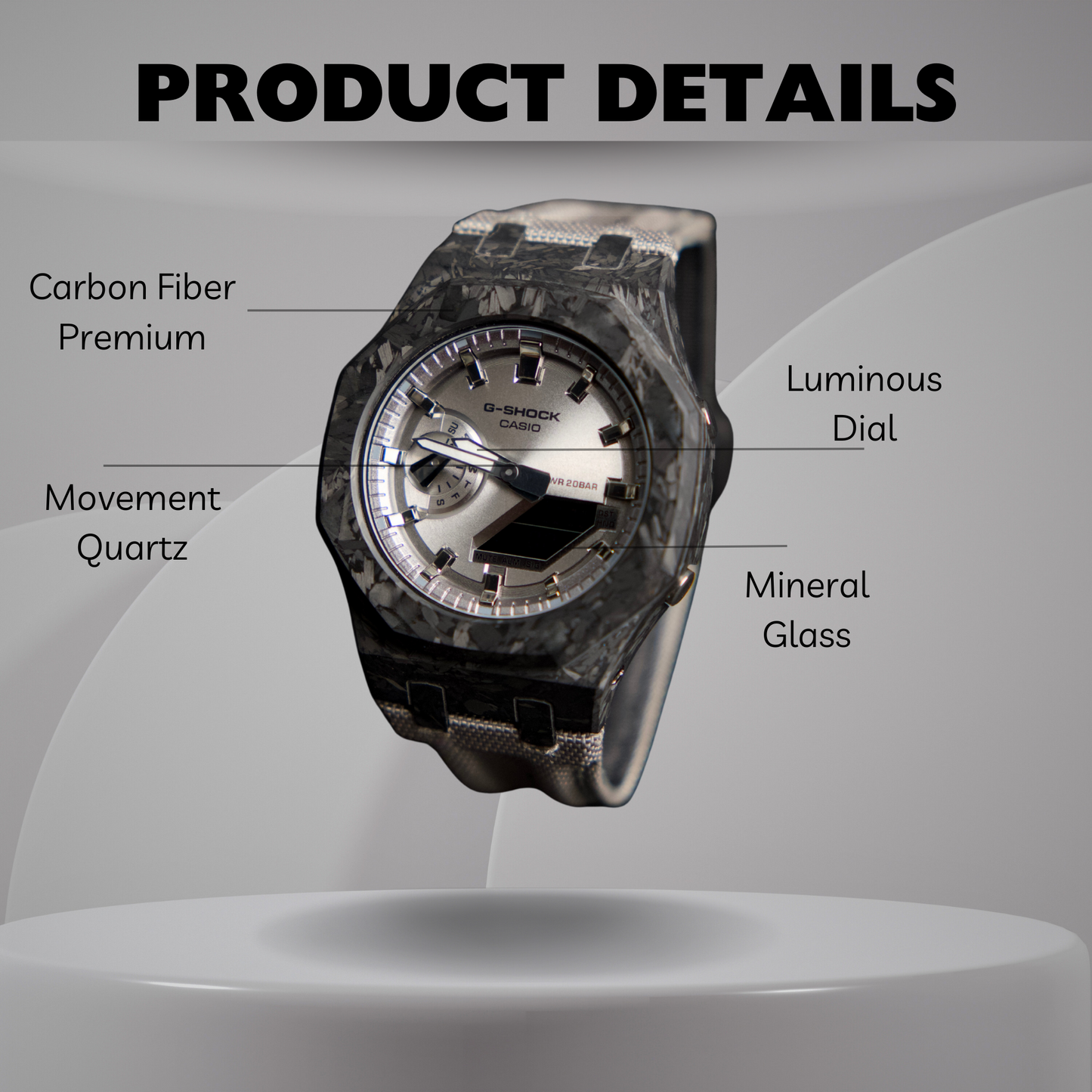 Montre CasiOak Custom – Full Silver Carbon Fiber - Nylon Canvas Velcro Strap - Mod G-Shock GA2100