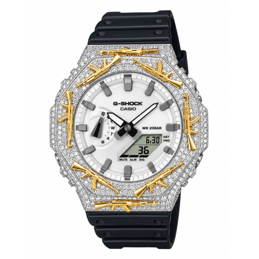 Montre G-Shock Custom Hip Hop – Moissanite AK Gun Silver Gold Iced Out - Luxury Mod GA2100 - Blanc/Argent / Full Silver