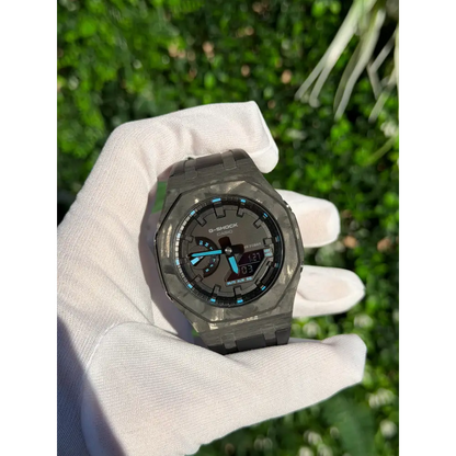 Montre CasiOak Custom – Black Carbon Fiber Luminous Full Blue - Mod G-Shock GA2100