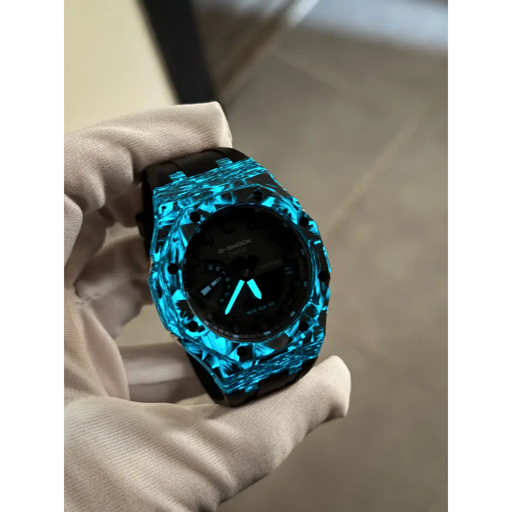 Montre CasiOak Custom – Black Carbon Fiber Luminous Full Blue - Mod G-Shock GA2100
