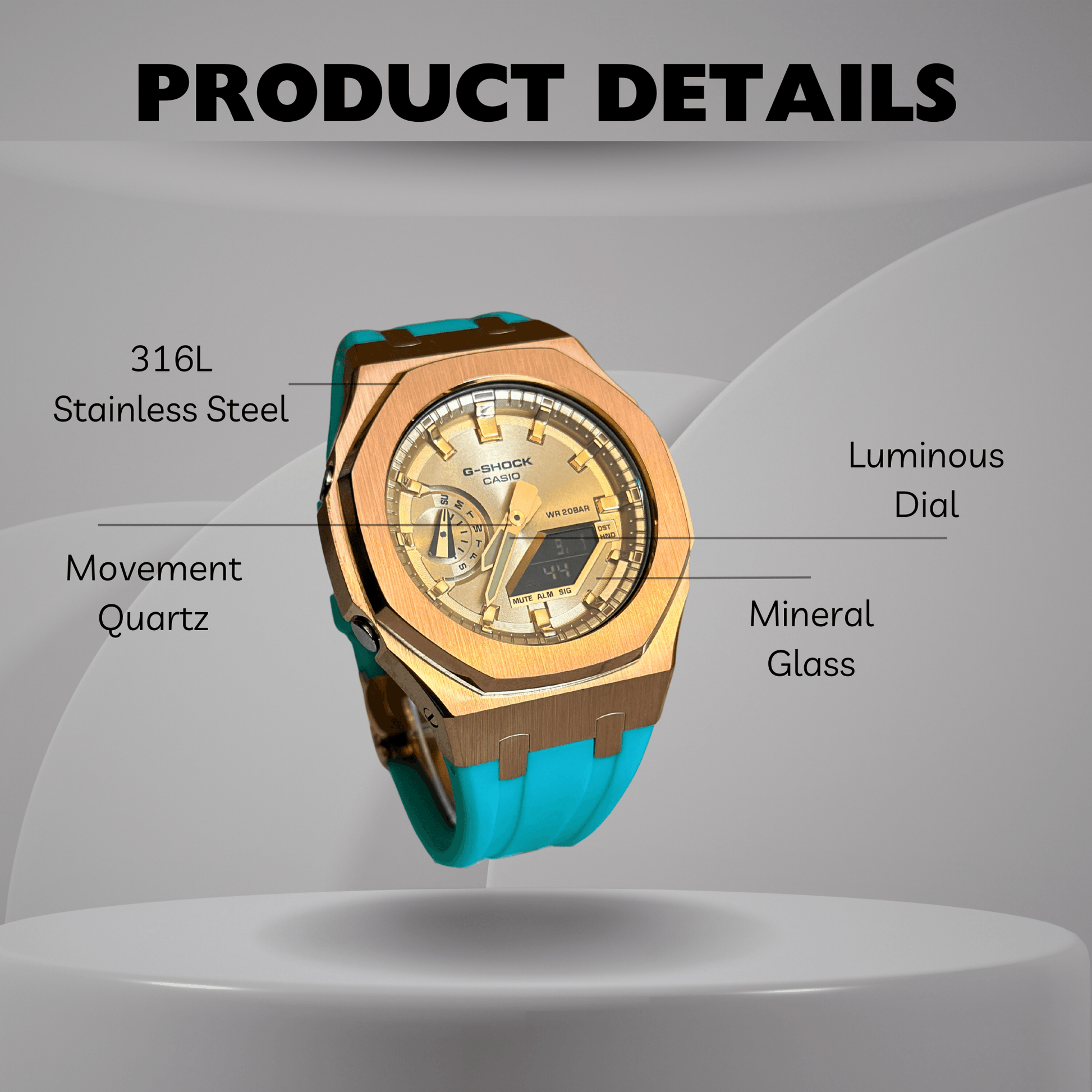 Casio G-Shock Mod Watch - Rose Gold Turquoise - GA-2100 Custom Casioak