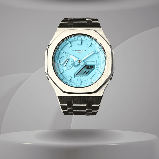 Casio G-Shock Mod Watch - Silver Sky Blue - GA-2100 Custom Casioak - ChronoCustom