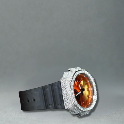Montre CasiOak Custom Hip Hop – Moissanite 925 Silver Iced Orange Dial - Mod G-Shock GA2100