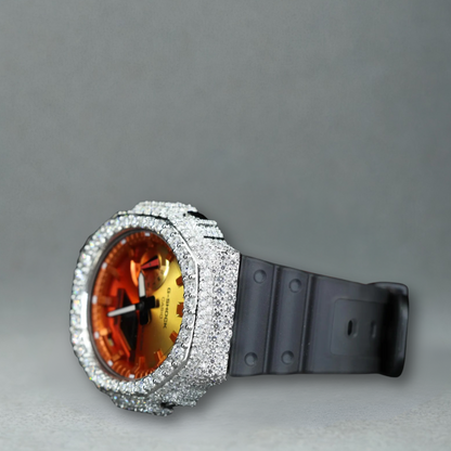 Montre CasiOak Custom Hip Hop – Moissanite 925 Silver Iced Orange Dial - Mod G-Shock GA2100