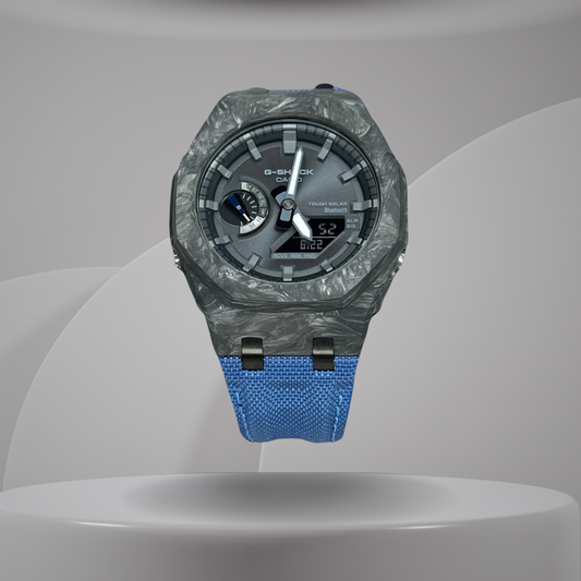 Montre CasiOak Custom – Blue Bluetooth Carbon Fiber - Nylon Canvas Velcro Strap - Mod G-Shock GAB2100