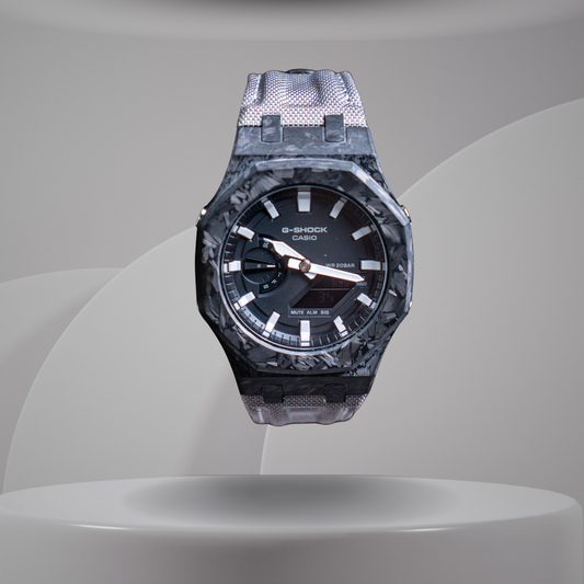 Montre CasiOak Custom – Silver White Carbon Fiber - Nylon Canvas Velcro Strap - Mod G-Shock GA2100