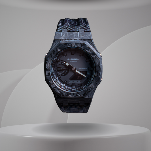 Montre CasiOak Custom – Full Black Carbon Fiber - Nylon Canvas Velcro Strap - Mod G-Shock GA2100