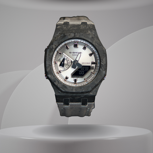 Montre CasiOak Custom – Full Silver Carbon Fiber - Nylon Canvas Velcro Strap - Mod G-Shock GA2100
