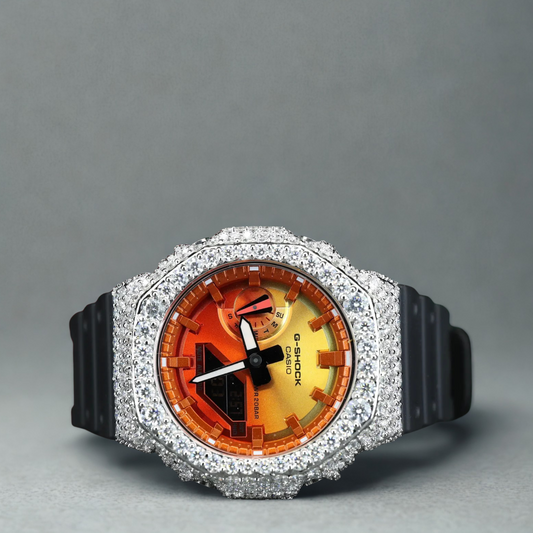 Montre CasiOak Custom Hip Hop – Moissanite 925 Silver Iced Orange Dial - Mod G-Shock GA2100