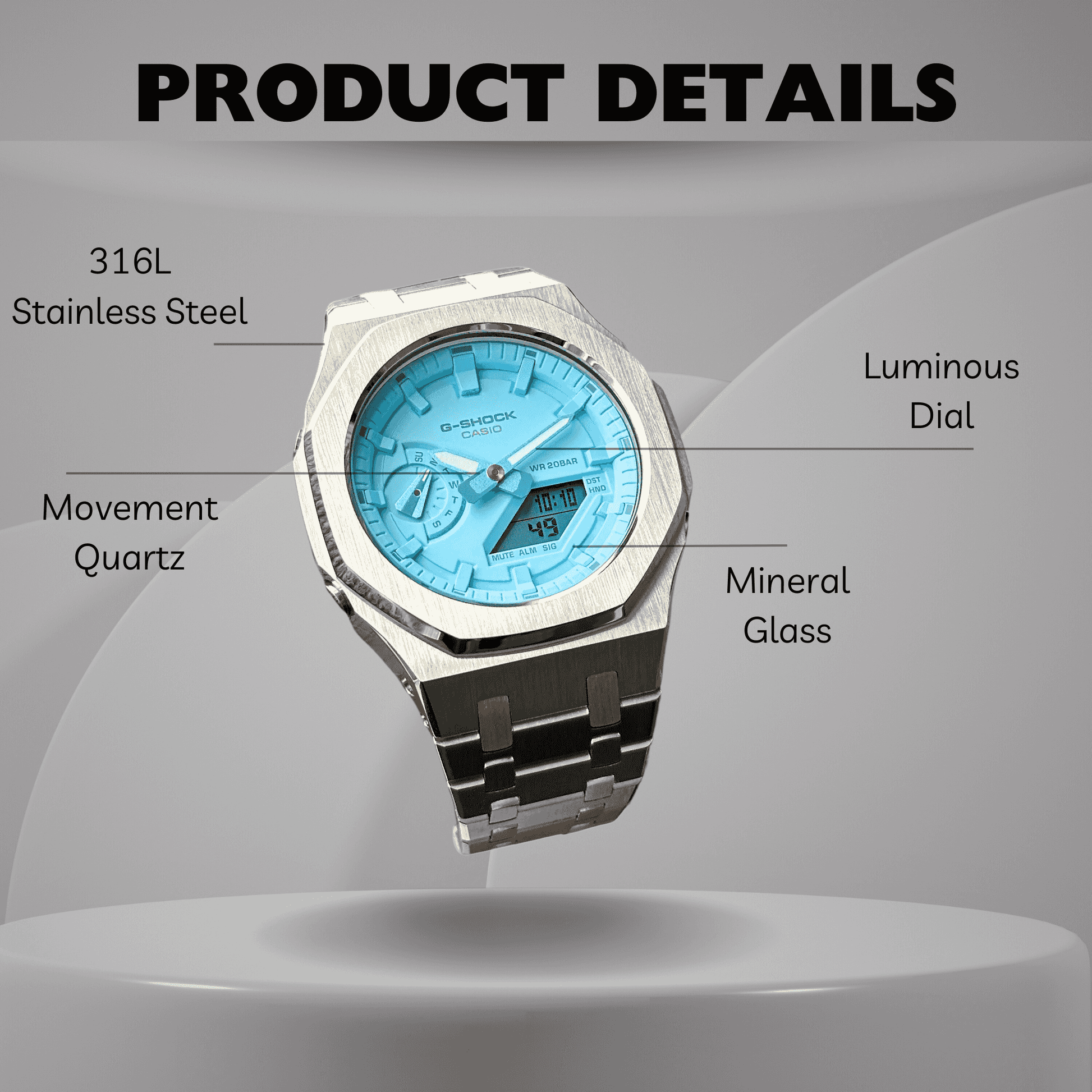 Casio G-Shock Mod Watch - Silver Sky Blue - GA-2100 Custom Casioak - ChronoCustom