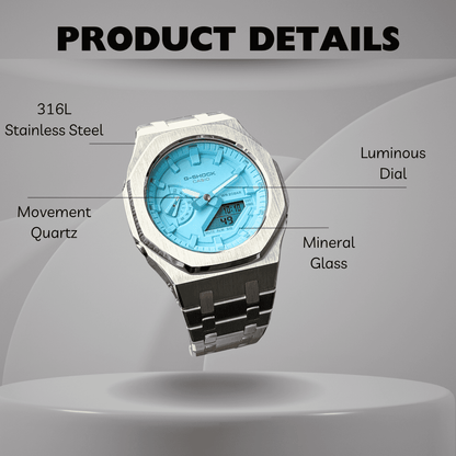 Casio G-Shock Mod Watch - Silver Sky Blue - GA-2100 Custom Casioak - ChronoCustom