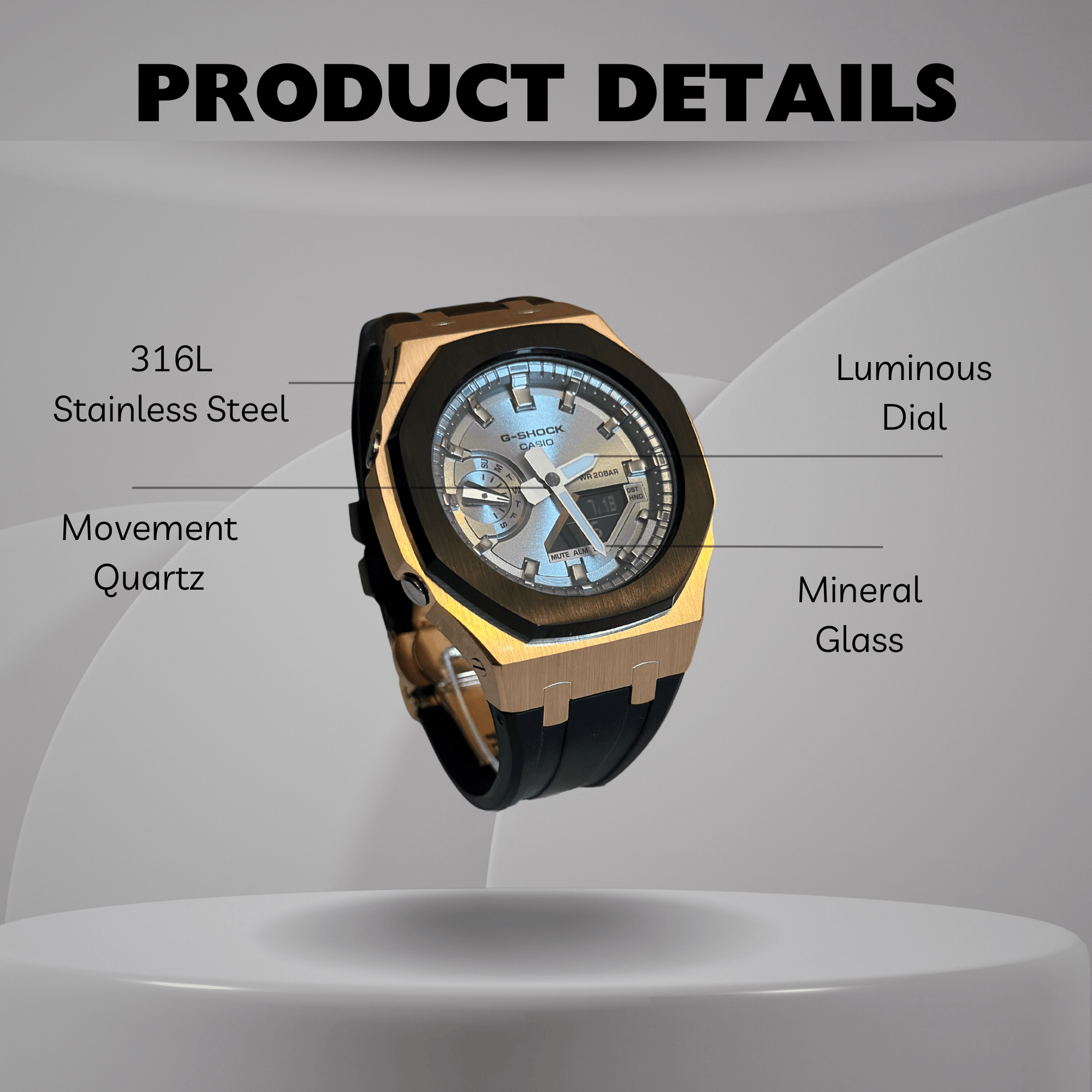 Casio G-Shock Mod Watch - Black Grey Rose Gold - GA-2100 Custom Casioak