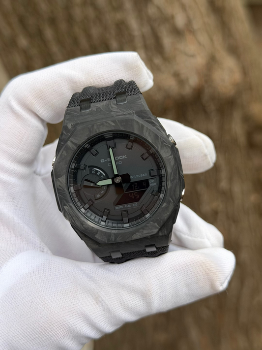 Montre CasiOak Custom – Full Black Carbon Fiber - Nylon Canvas Velcro Strap - Mod G-Shock GA2100