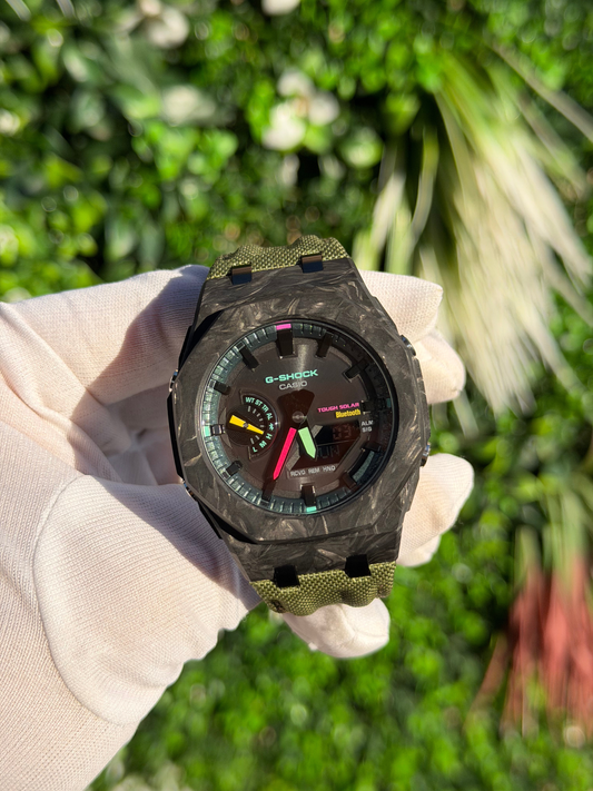 Montre CasiOak Custom – Full Green Bluetooth Carbon Fiber - Nylon Canvas Velcro Strap - Mod G-Shock GAB2100