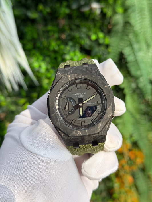 Montre CasiOak Custom – Black Green Carbon Fiber - Nylon Canvas Velcro Strap - Mod G-Shock GA2100
