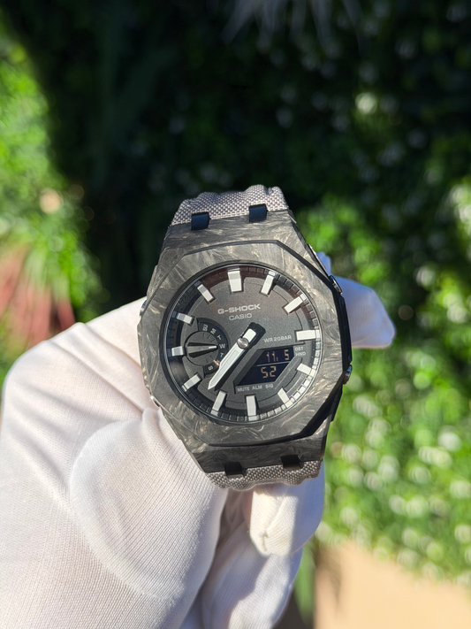 Montre CasiOak Custom – Silver White Carbon Fiber - Nylon Canvas Velcro Strap - Mod G-Shock GA2100