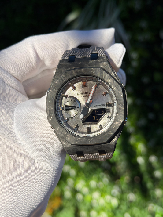 Montre CasiOak Custom – Full Silver Carbon Fiber - Nylon Canvas Velcro Strap - Mod G-Shock GA2100