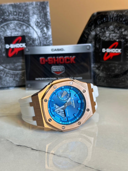 Montre CasiOak Custom - White Blue Rose Gold - ChronoCustom