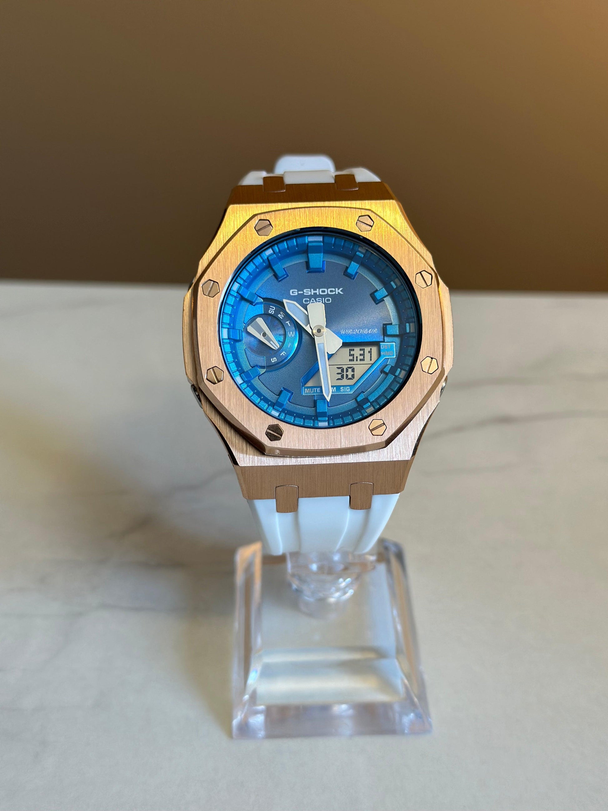 Montre CasiOak Custom - White Blue Rose Gold - ChronoCustom