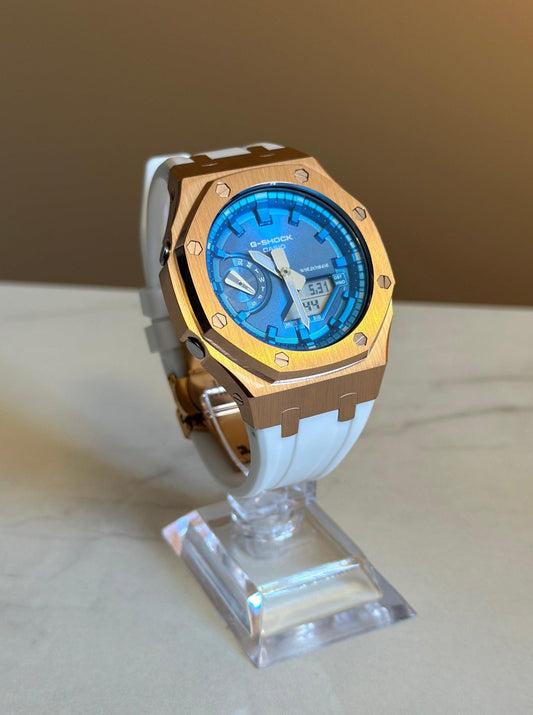 Montre CasiOak Custom - White Blue Rose Gold - ChronoCustom