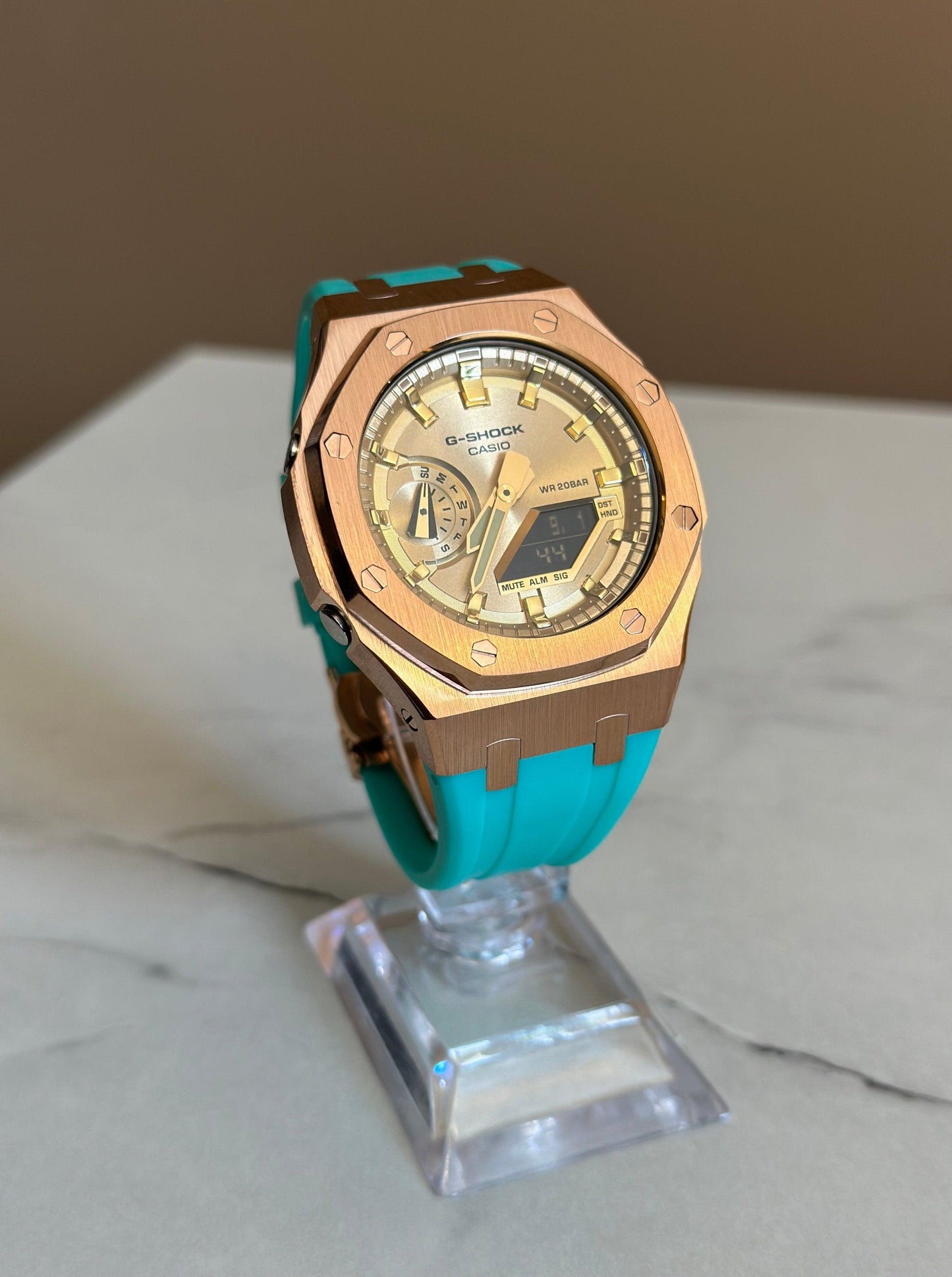 Montre CasiOak Custom - White Rose Gold Turquoise - ChronoCustom