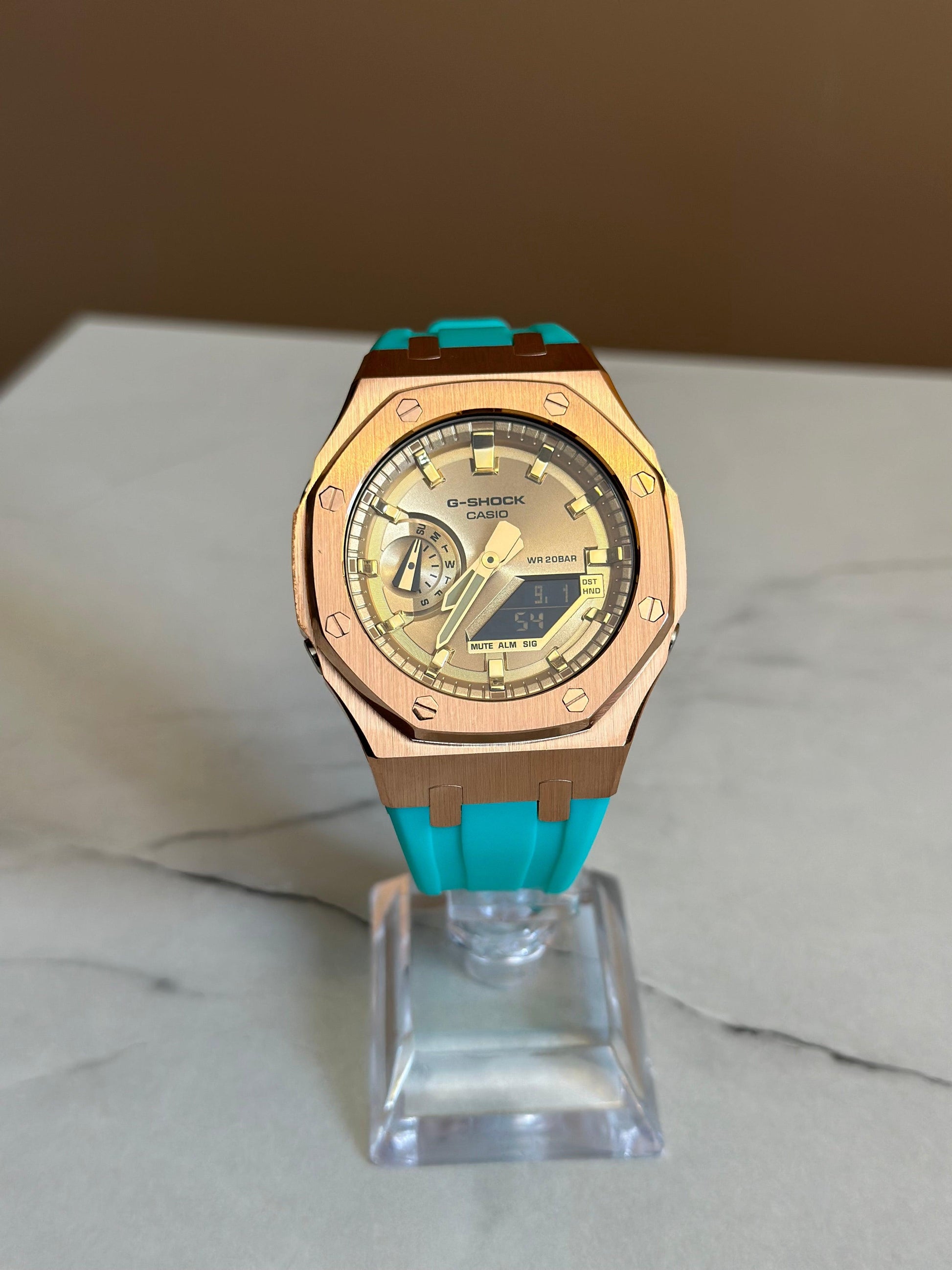 Montre CasiOak Custom - White Rose Gold Turquoise - ChronoCustom