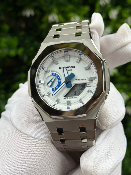 Montre CasiOak Custom – Silver White Blue Mirror Polish - Mod G-Shock GA2100 