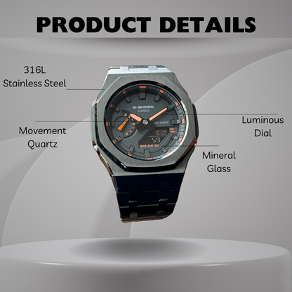 Montre CasiOak Custom – Black Orange Steel - Mod G-Shock GA2100