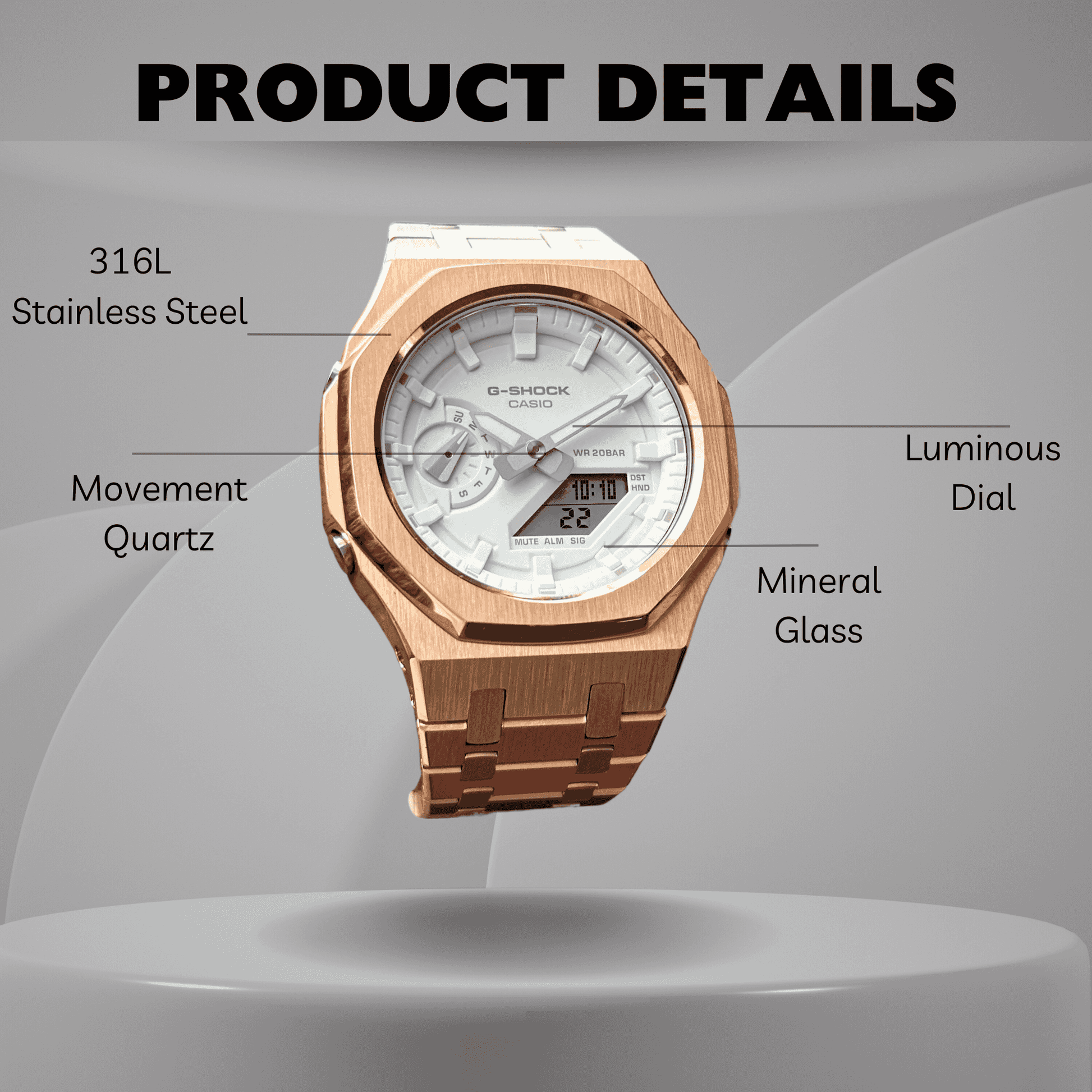 Montre CasiOak Custom – Full Rose Gold White - Mod G-Shock GA2100