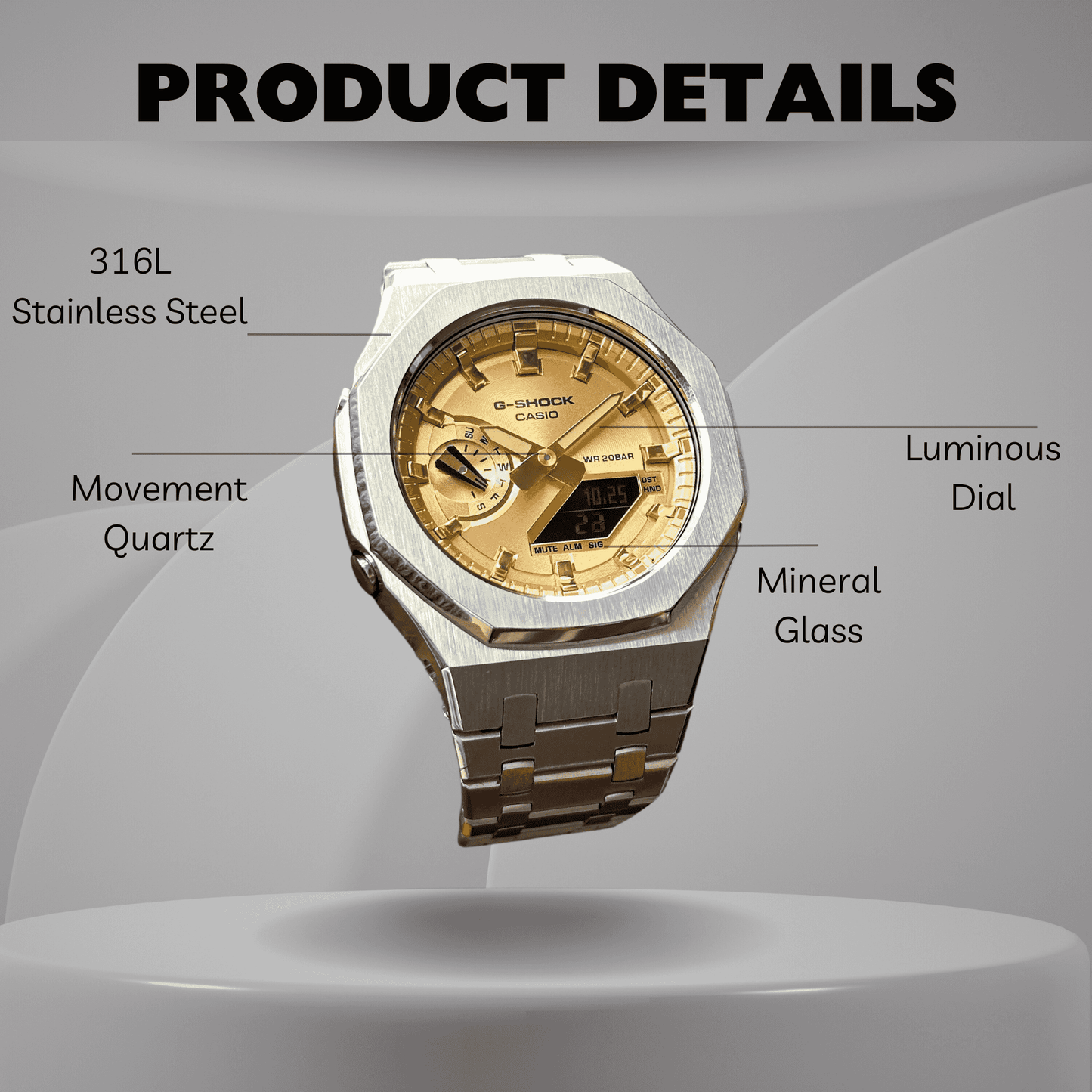 Montre CasiOak Custom – Full Silver Gold - Mod G-Shock GA2100