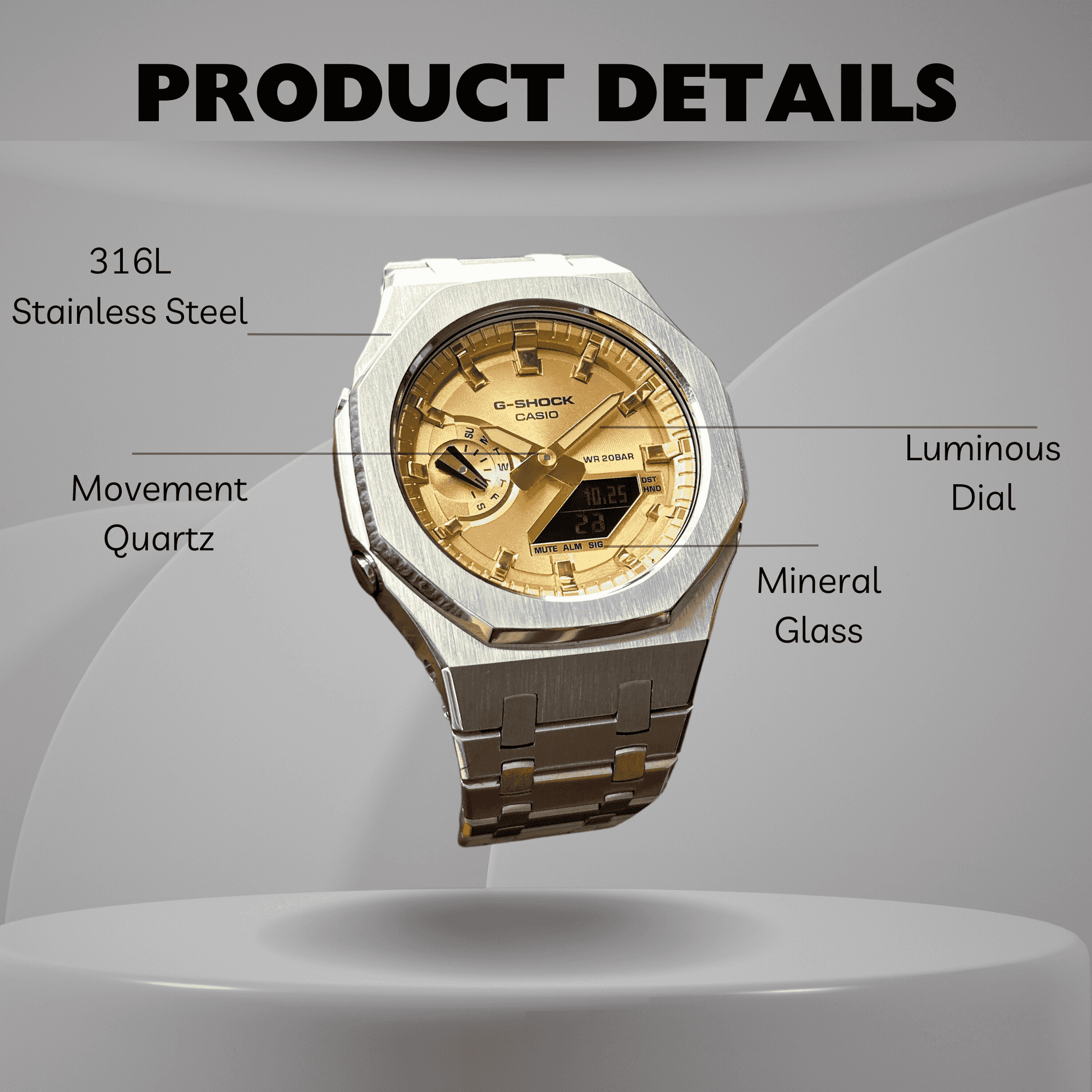 Montre CasiOak Custom – Full Silver Gold - Mod G-Shock GA2100
