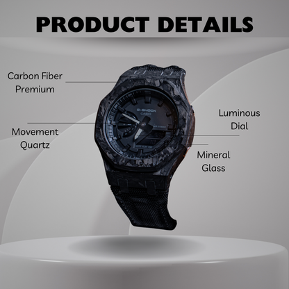 Montre CasiOak Custom – Full Black Carbon Fiber - Nylon Canvas Velcro Strap - Mod G-Shock GA2100